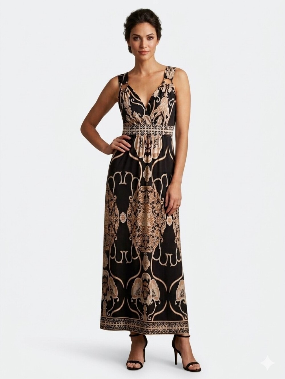 Glamour Black Maxi Dress with Beige & Cream Medallion Print